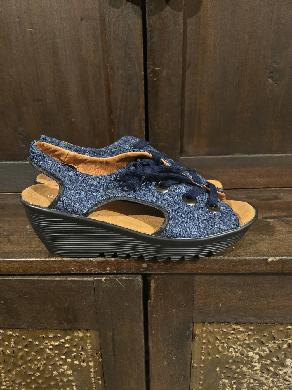 Bernie Mev. Navy Blue Woven Lace-Up Open-Toe Wedge Sandals